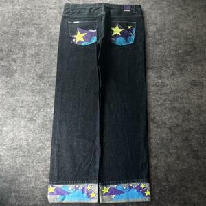 Vintage Scifen Mens 38 Selvedge Baggy Jeans Star Cloud Embroidered Y2K Hip Hop